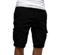 Pantalones Cortos Cargo de Sarga de algodón relajados para Hombre, Cintura elástica, cordón Ajustable, Chinos, por Debajo la Rodilla, Pantalones Cortos Cargo para Exteriores con 6 Negros Grandes
