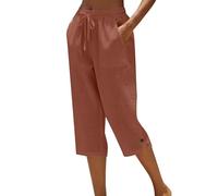 Pantalones cortos casuales de ajuste holgado para mujer, cintura elástica, cordón con bolsillos, ligeros, mezcla de lino de verano, pantalones de longitud 3/4, marrón, L