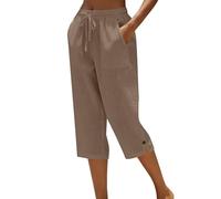 Pantalones cortos casuales de ajuste holgado para mujer, cintura elástica, cordón con bolsillos, ligeros, mezcla de lino de verano, pantalones de longitud 3/4, café, XL