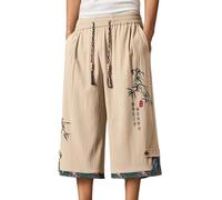 Pantalones cortos casuales de algodón y lino para hombre, estilo kimono, estilo kimono, pantalones cortos holgados con estampado étnico, pierna recta, Z01-caqui, 4XL