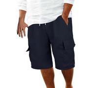 Pantalones cortos casuales de algodón y lino para hombre, pantalones cortos de trabajo para verano, playa, retro, deportivos, pantalones cortos transpirables para hombre, azul marino, L
