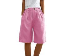 Pantalones cortos casuales hasta la rodilla para mujer, de algodón, lino, lisos, de cintura alta, bermudas para mujer, pantalones cortos de verano de pierna ancha holgados, 00 Hot - Rosa, XXL