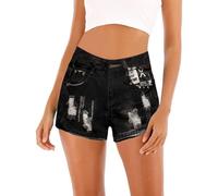 Pantalones cortos casuales para mujer, estilo punk de gran tamaño angustia Letra suelta Adelgazar Seductor Ancho Pierna Vaqueros, Le Noir, XL