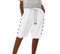 Pantalones cortos de algodón y lino para mujer, bermudas hasta la rodilla, con bolsillos, pierna ancha, ligeros, transpirables, casuales, cómodos, para vacaciones, playa, blanco, S