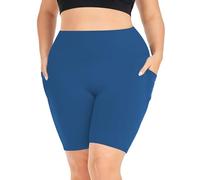 Pantalones cortos de ciclista de talla grande para mujer, de cintura alta, sin costuras, levantamiento de glúteos, pantalones cortos de yoga con bolsillos, pantalones cortos de yoga de algodón para
