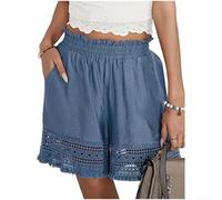 Pantalones cortos de encaje de algodón para mujer, cintura elástica, borla, cinco longitudes, casuales, verano, playa, pantalones de descanso (2XL azul)