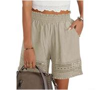 Pantalones cortos de encaje de algodón para mujer, cintura elástica, borla, cinco longitudes, casuales, verano, playa, descansar, pantalones (talla L, color albaricoque)