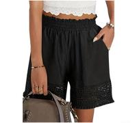 Pantalones cortos de encaje de algodón para mujer, cintura elástica, borla, recortado, cinco longitudes, casual, verano, playa, pantalones de descanso (L negro)