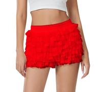 Pantalones Cortos de Encaje para Mujer Malla con Volantes Cintura Elástica Mini Shorts Retro Color Sólido Faldas Baile Hotpants Navideño Carnival
