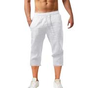 Pantalones cortos de lino para hombre de 3/4 de longitud, cintura elástica, pantalones de yoga con cordón, ajuste holgado, pantalones deportivos acogedores y transpirables, color sólido, pantalones de