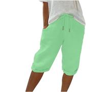 Pantalones cortos de lino para mujer 2024, a la moda, hasta la rodilla, cintura elástica, pantalones cortos casuales de verano con bolsillos, pantalones Toga, verde, XXL
