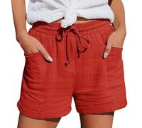 Pantalones cortos de lino para mujer, color liso, con cordón y bolsillos, cintura elástica, holgados, casuales, ropa de verano, pantalones cortos de algodón para caminar en la playa, rosso, L