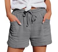 Pantalones cortos de lino para mujer, color liso, con cordón y bolsillos, cintura elástica, holgados, casuales, ropa de verano, pantalones cortos de algodón para caminar en la playa, gris, L