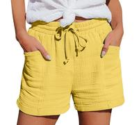 Pantalones cortos de lino para mujer, color liso, con cordón y bolsillos, cintura elástica, holgados, casuales, ropa de verano, pantalones cortos de algodón para caminar en la playa, amarillo, L