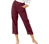 Pantalones cortos de lino y algodón para mujer, cintura elástica, pierna recta, ligeros, estilo palazzo, transpirables, casuales, sueltos, para la playa, vacaciones, con bolsillos, Vino, L