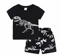 Pantalones cortos de manga corta con estampado de dinosaurio, conjunto de camiseta informal de dos piezas, mameluco, Negro , 3-4 años