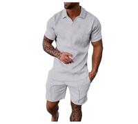 Pantalones cortos de manga corta para hombre PO LO Shirt Set Camiseta Deporte y Tiempo Libre Conjunto Plus Size Short Shorts Set, Gris claro., L