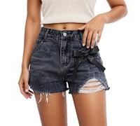 Pantalones cortos de mezclilla de cintura alta con cinturón de pajarita informal, holgado, pierna ancha, cómodos pantalones cortos de verano para, gris, S