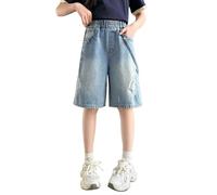 Pantalones cortos de mezclilla de verano para niñas, corte casual, piernas anchas, botones y detalles, estilo medio pantorrilla/comienzo de la semana., azul, 15-16 años
