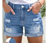 Pantalones cortos de mezclilla elásticos para mujer con rasgado desgastado - Shorts casuales de media , perfectos para outfits de verano