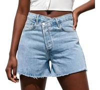 Pantalones cortos de mezclilla para mujer, cintura asimétrica, ajuste delgado, versátil, pierna ancha, casual, ropa de verano, azul, XL