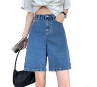 Pantalones cortos de mujer de cintura alta, pierna ancha, largo hasta la rodilla, monocolor, corte recto suelto, elástico, para vacaciones, playa, fitness, verano, longitud regular (S azul oscuro)