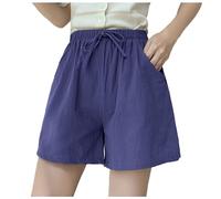 Pantalones cortos de mujer Verano UNA palabra al aire libre usar cinco pierna ancha de gran tamaño cintura alta suelta deporte tres imitación algodón lino casual pantalones mujeres, marine, XXL