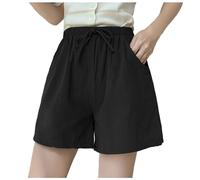 Pantalones cortos de mujer Verano UNA palabra al aire libre usar cinco pierna ancha de gran tamaño cintura alta suelta deporte tres imitación algodón lino casual pantalones mujeres, Negro , M