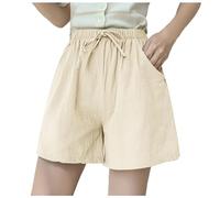 Pantalones cortos de mujer Verano UNA palabra al aire libre usar cinco pierna ancha de gran tamaño cintura alta suelta deporte tres imitación algodón lino casual pantalones mujeres, caqui, XXL