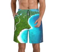 Pantalones cortos de playa para hombre, suaves y ligeros, estampado completo de isla en el océano, cintura elástica para uso casual y verano, blanco, S