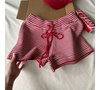 Pantalones cortos de tela holgados de estilo francés elegante, de dos a rayas con cordón, versátiles para uso casual en casa, vacaciones y playa NS702