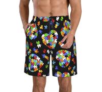 Pantalones cortos de verano para hombre, diseño de rompecabezas, para concienciación sobre el autismo, con bolsillos, cintura elástica, blanco, 3XL corto