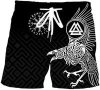 Pantalones cortos de verano vikingos para hombres, pantalones cortos de playa con patrón de cuervo nórdico Odín, pantalones cortos deportivos de secado rápido (Color : Crow B, Size : M)