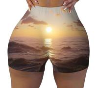 Pantalones cortos de yoga casuales con estampado ligero en el nivel del mar, cómodos pantalones cortos deportivos adecuados para viajes y fitness, Negro, L