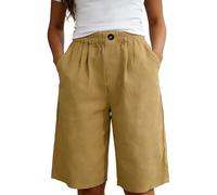 Pantalones cortos elásticos de color liso para mujer, con botones, con bolsillo, pantalones cortos informales, pantalones cortos de pierna ancha, amarillo, S