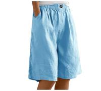 Pantalones cortos elásticos de color sólido para mujer, con botones, con bolsillo, pantalones cortos casuales de pierna ancha, abrigo para mujer, azul, S