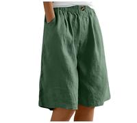 Pantalones cortos elásticos de color sólido para mujer, con botones, con bolsillo, pantalones cortos casuales de pierna ancha, abrigo para mujer, verde, L