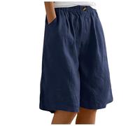 Pantalones cortos elásticos de color sólido para mujer, con botones, con bolsillo, pantalones cortos casuales de pierna ancha, abrigo para mujer, azul marino, XL