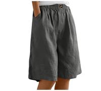 Pantalones cortos elásticos de color sólido para mujer, con botones, con bolsillo, pantalones cortos casuales de pierna ancha, abrigo para mujer, gris, XXL
