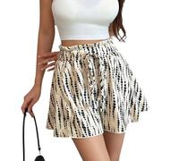 Pantalones Cortos Fluidos con Cintura Elástica for Mujer, Pantalones Cortos de Pierna Ancha Estampados con Cintura Alta for Vacaciones de Verano(Black Dots,L)