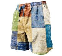 Pantalones cortos hippies para hombre, con estampado de bloques de colores, para verano, sueltos, informales, de algodón, lino, pierna ancha, para playa, yoga, cintura elástica, cordón ajustable,