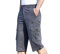 Pantalones Cortos Hombre con Banda EláStica 3/4 Bermudas Pantalones Cargo Verano Pantalón Tipo Bermuda con Varios Bolsillos Pantalón de Trabajo de Algodón con Cintura EláStica