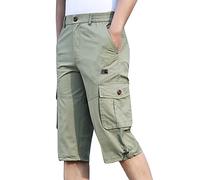 Pantalones Cortos Hombre con Banda EláStica 3/4 Bermudas Pantalones Cargo Verano Pantalón Tipo Bermuda con Varios Bolsillos Pantalón de Trabajo de Algodón con Cintura EláStica