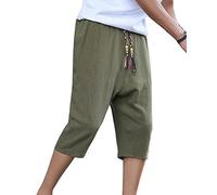 Pantalones Cortos Hombre Pantalones Chinos Pantalones Anchos Bermudas Baggy Casual Hippies Transpirable Pantalones De Lino Verde del ejército 2XL