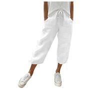 Pantalones cortos ligeros estilo lino para mujer con cordón elástico en la cintura y bolsillos, capris de ajuste relajado para vacaciones de verano y uso casual, blanco, XL