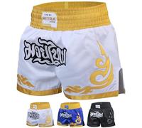 Pantalones Cortos Muay Thai Hombre Mujer - Slim Fit Short Length, Shorts de Kickboxing, MMA, Grappling, Entrenamiento y Artes Marciales (FR/ES, Letras, M, Regular, Regular, Blanco/Dorado)