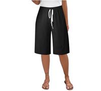 Pantalones Cortos Mujer 2025,Algodón y Lino Pantalon Corto Mujer de Cintura Alta Elástica con Cordón Casual Pantalón Corto de Playa Cómodo Respirable Bermudas Verano Lino con Bolsillos
