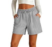 Pantalones Cortos Mujer Lino Algodón a Rayas Pantalones Cortos Deportivos Ligero Shorts Verano Cintura Alta Elástica Pantalón con Bolsillos Bermudas Elegante Cómodo Pantalón para Playa Diario Yoga