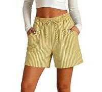Pantalones Cortos Mujer Lino Algodón a Rayas Pantalones Cortos Deportivos Ligero Shorts Verano Cintura Alta Elástica Pantalón con Bolsillos Bermudas Elegante Cómodo Pantalón para Playa Diario Yoga