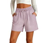 Pantalones Cortos Mujer Lino Algodón a Rayas Pantalones Cortos Deportivos Ligero Shorts Verano Cintura Alta Elástica Pantalón con Bolsillos Bermudas Elegante Cómodo Pantalón para Playa Diario Yoga